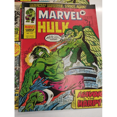 197 - 12 The mighty world of Marvel featuring The incredible Hulk & comics. All from 1976-78. Three mighty... 