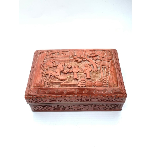 619 - Antique Chinese lacquered hand carved cinnabar trinket box, 14x9cm approx