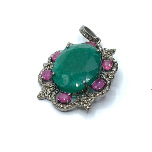 711 - 26.6 Ct Emerald & 2.3 Ct Ruby Pendant. With 1.20 Ct Rose cut diamonds.