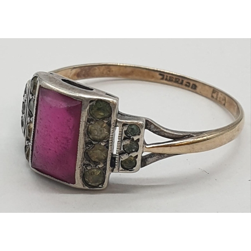 354 - 9ct gold and silver dress ring with pink stone, weight 2.1g and size P