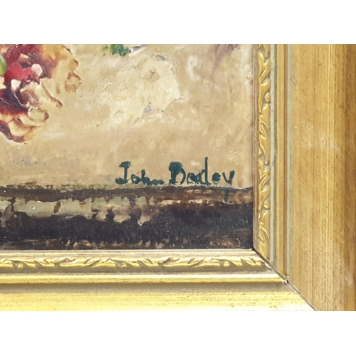 366 - A still life abstract oil painting by John Bodev. Vintage wood frame. 34 x 24cm.