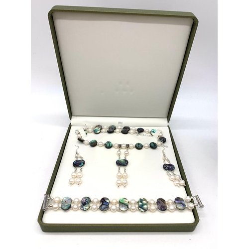 39 - A mid-seventies, Australian pearl and Abalone mother of pearl necklace, bracelet and earrings set, i... 