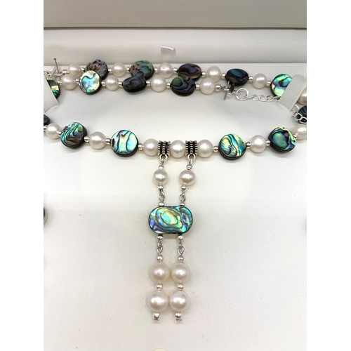 39 - A mid-seventies, Australian pearl and Abalone mother of pearl necklace, bracelet and earrings set, i... 