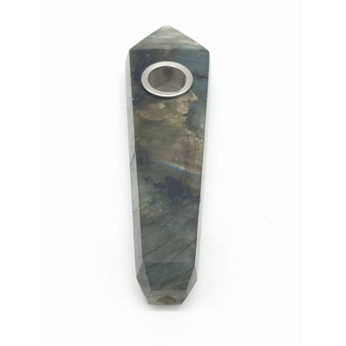 43 - A labradorite (Variety blue flash), smoking (opium?) pipe. Pipe length: 11cm, weight: 74 g. In excel... 