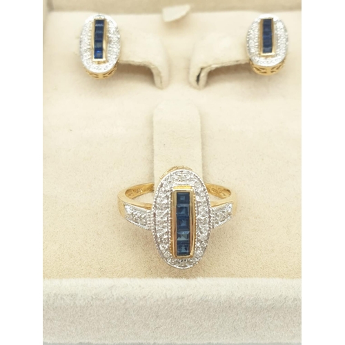 8 - An Art Deco 9ct gold ring and earrings set with diamonds and sapphires.
Ring size: N. Fully hallmark... 