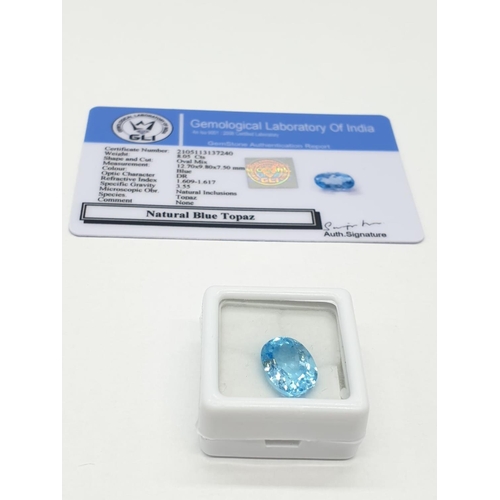 210 - 8.05 Cts Natural blue topaz. Nice sky blue colour. Oval mixed stone. GLI certification included.