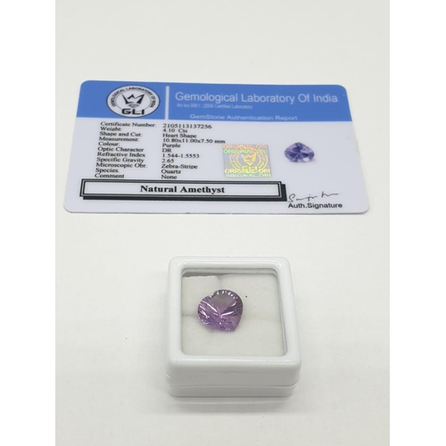 231 - 4.10  Cts Natural amethyst.  Heart shaped. With GLI certification included.