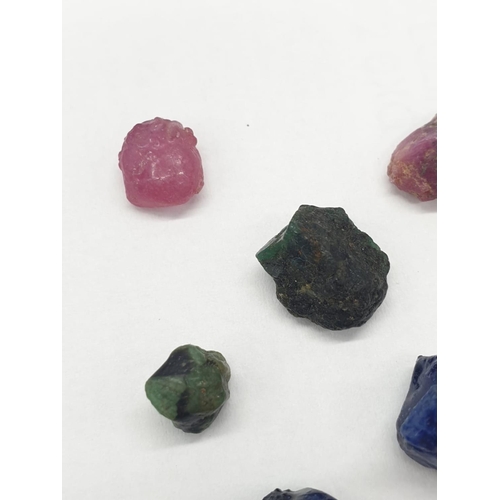 288 - 47cts Ruby emerald blue sapphire rough cut gems lot. Pink, Green and Blue colours.