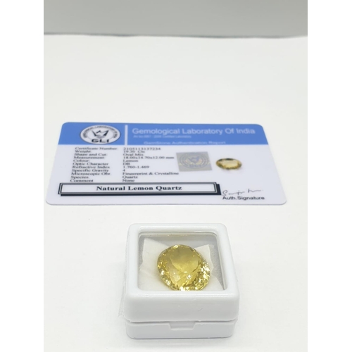 455 - 19.30 Cts Natural lemon quartz. Oval mixed cut stone. GLI certification included.