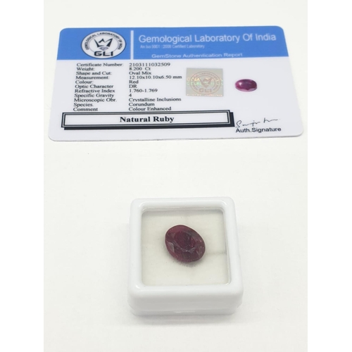 469 - 8.20 Cts Natural ruby. Oval mixed cut stone. Good colour.  GLI certification included.