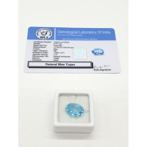 470 - 6.75 Cts Natural blue topaz. Oval mixed cut stone. GLI certification included.