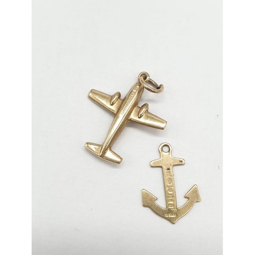 317 - Two 9ct gold pendants. An anchor and Spitfire inspired airplane. Plane length is 2cm. Combined weigh... 