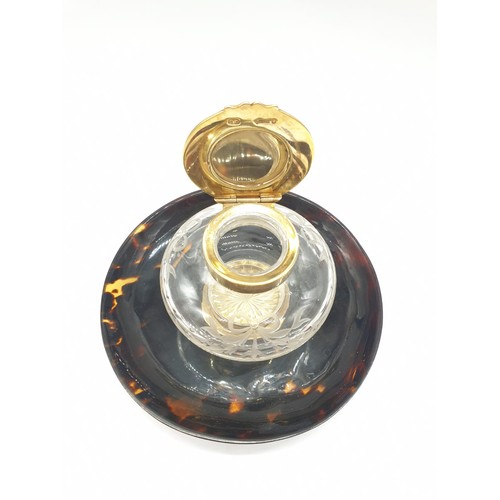 241 - Antique 9ct gold top and collar tortoiseshell inkwell, 12cm diameter and 5cm high approx