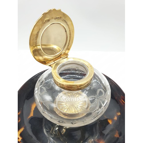 241 - Antique 9ct gold top and collar tortoiseshell inkwell, 12cm diameter and 5cm high approx