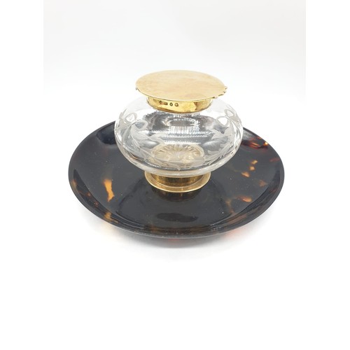 241 - Antique 9ct gold top and collar tortoiseshell inkwell, 12cm diameter and 5cm high approx