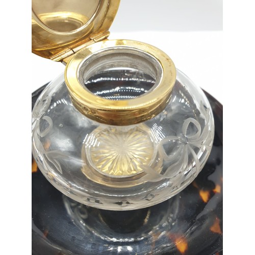 241 - Antique 9ct gold top and collar tortoiseshell inkwell, 12cm diameter and 5cm high approx