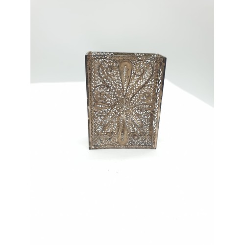 213 - Blank Persian filigree matchbox holder with silver filigree bucket (2), total 84.4g