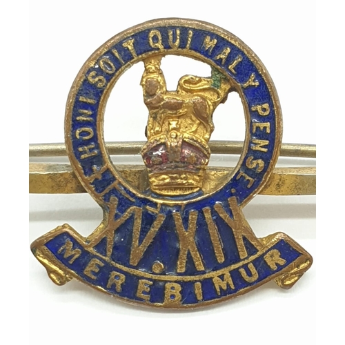 141 - Vintage 15th/19th Kings Royal Hussars Sweetheart Brooch. Blue & Gold Enamel. A/F.