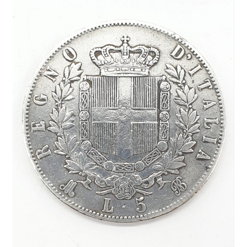 202 - Silver 1873 Italian five Lire, Vittorio Emanuele II coin. Clear detail and definition with raised fe... 