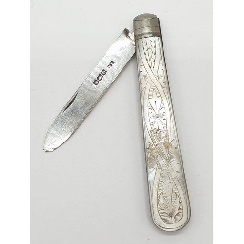 321 - Silver bladed fruit knife having mother of pearl handle with intricate carving. Full hallmark for Wi... 