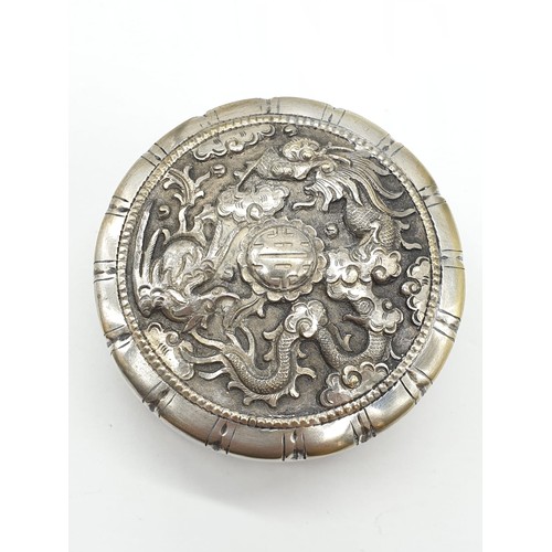 322 - Vintage large white metal snuff box with raised dragon top. Lid fitting snug and tight Size 6.75 cm ... 