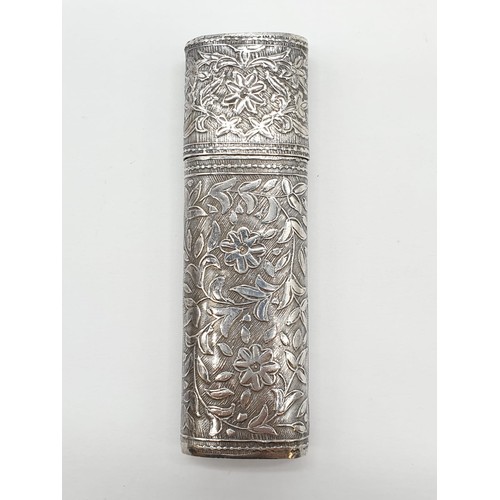 375 - Vintage silver needle case. Intricate floral chased design. Continental 800 silver. Length 8.5cm app... 