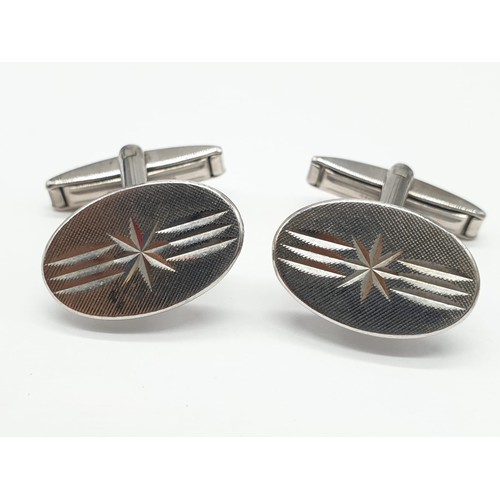 402 - Pair of Hallmarked silver cuff links with matching tie pin and safety chain. Each piece clearly hall... 