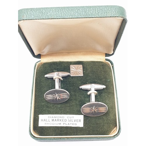 402 - Pair of Hallmarked silver cuff links with matching tie pin and safety chain. Each piece clearly hall... 