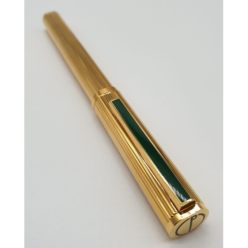 20 - Dunhill fountain pen with 18ct gold nib and gold plated shell, jade decorated in original box (new, ... 