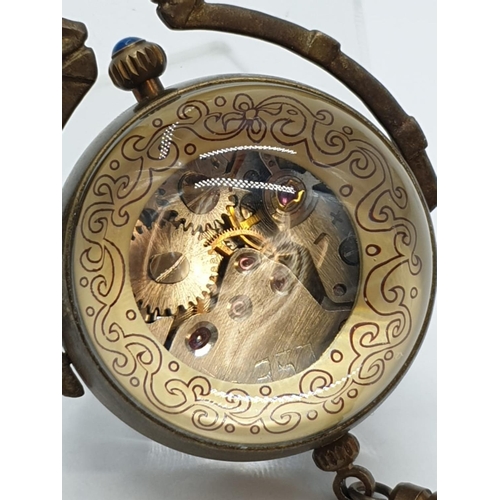 249 - Chinese vintage brass pocket ball clock exhibition back (manual wind)