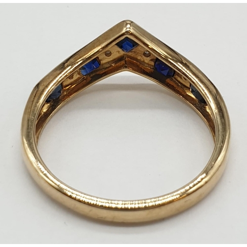 336 - 9ct gold wishbone ring with 5 sapphires and 4 small diamonds. Size O. Weight 2.47 grams.