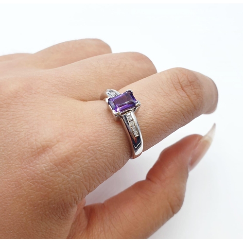 339 - 9ct white gold emerald cut amethyst and diamond ring. Size O. Weight 3.45 grams