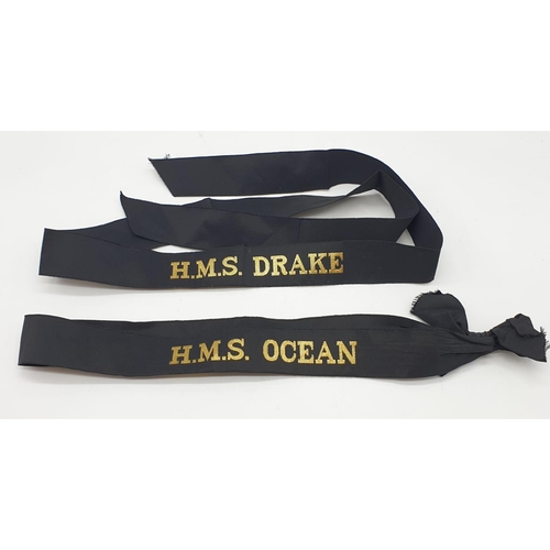 437 - 2x naval hat band ribbon tapes: HMS Ocean and HMS Drake.