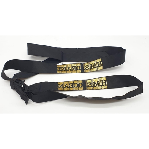 437 - 2x naval hat band ribbon tapes: HMS Ocean and HMS Drake.