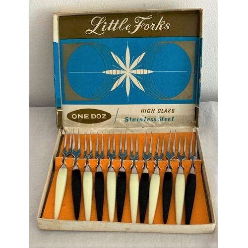 458 - Vintage 1960s box of small Cocktail Forks. Original box. 12 pieces of Black and White 60's Kitsch.