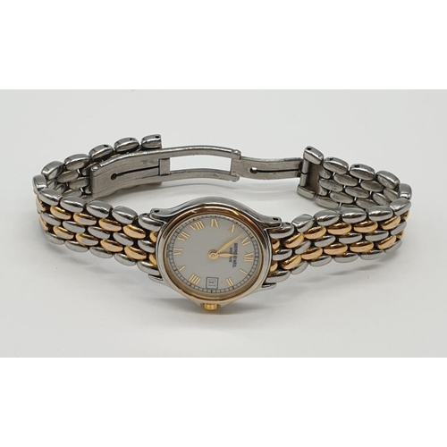 645 - A ladies 'Raymond Weil' wrist watch. Silver and gold plated, with two-tone strap. White face with ro... 