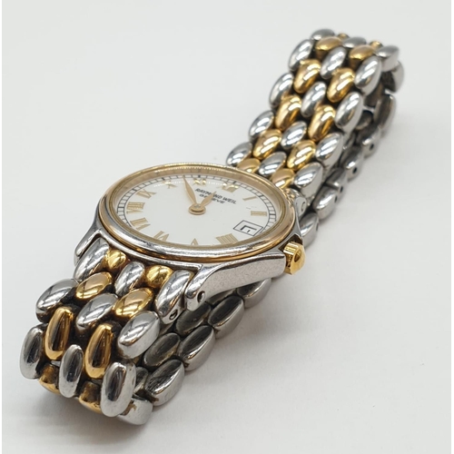 645 - A ladies 'Raymond Weil' wrist watch. Silver and gold plated, with two-tone strap. White face with ro... 