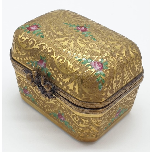 646 - Gold & Rose patterned Limoges trinket box with six miniature perfume bottles.