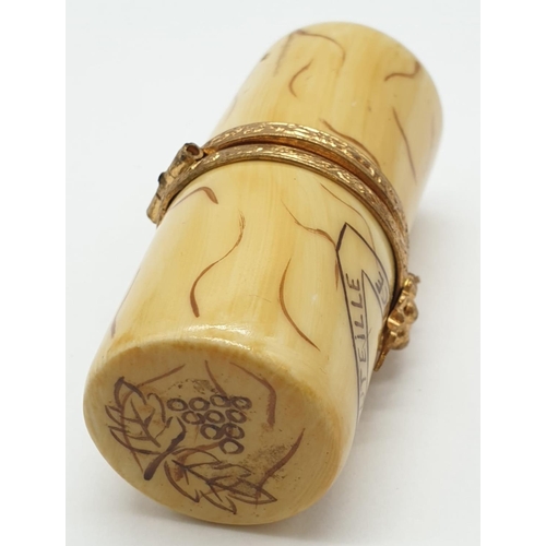 659 - Limoges decorated wine cork container with golden-grape clasp.