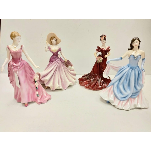 696 - 4x elegant bone china ladies of fashion figurines by Coalport, Royal Doulton and Royal Worcester, 23... 