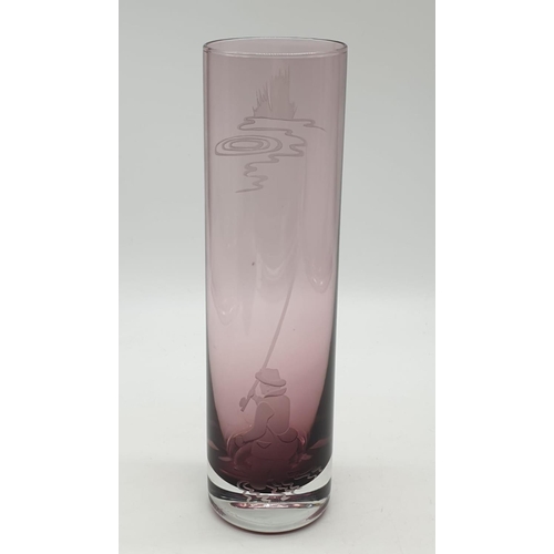 707 - Cranberry glass fishing scene vase, 23cm tall and 6cm diameter