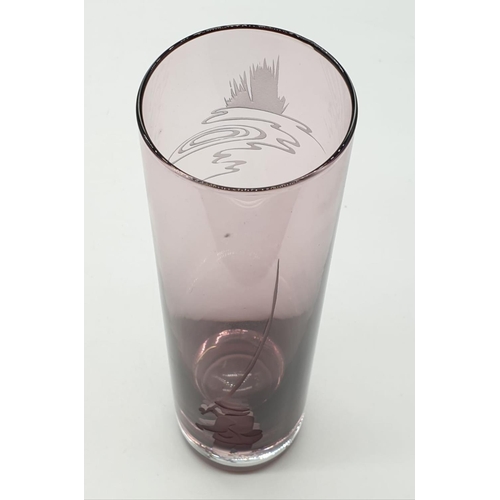 707 - Cranberry glass fishing scene vase, 23cm tall and 6cm diameter