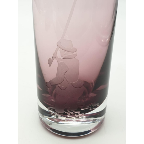 707 - Cranberry glass fishing scene vase, 23cm tall and 6cm diameter