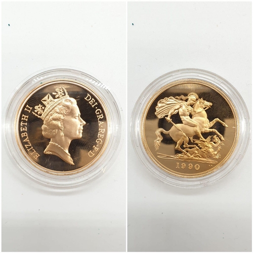 123 - 1990 UK GOLD PROOF SOVEREIGN 4 COIN COLLECTION TO INCLUDE A £5 COIN, A DOUBLE SOVEREIGN COIN, A SOVE... 