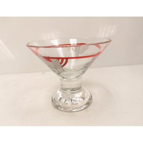 128 - Vintage Art Deco styled cocktail shaker, 5 glasses and glass cherries. Fair condition for age.