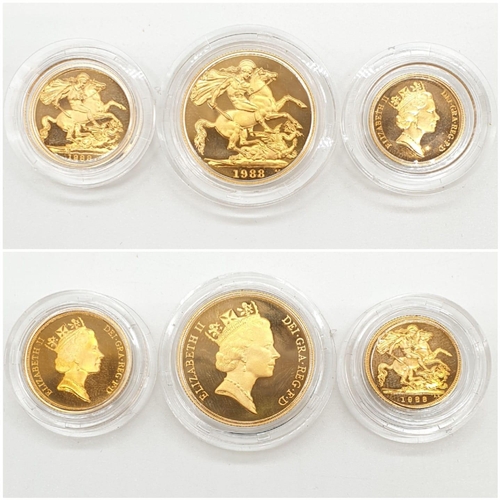 130 - 1988 UK GOLD PROOF 3 COIN COLLECTION TO INCLUDE A DOUBLE SOVEREIGN, A SOVEREIGN AND A HALF SOVEREIGN... 