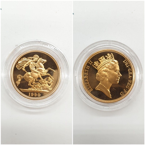 16 - 1990 UK GOLD PROOF SOVEREIGN 4 COIN COLLECTION TO INCLUDE A £5 COIN, A DOUBLE SOVEREIGN COIN, A SOVE... 