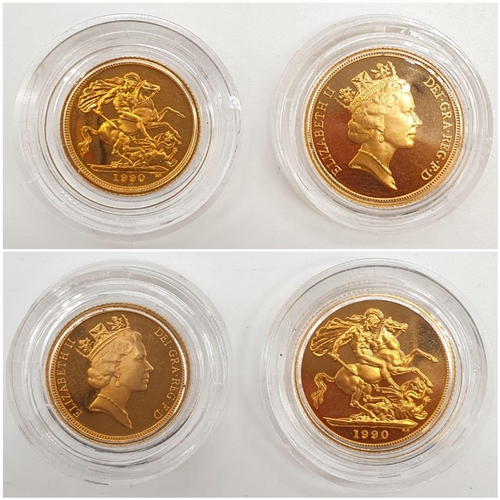 16 - 1990 UK GOLD PROOF SOVEREIGN 4 COIN COLLECTION TO INCLUDE A £5 COIN, A DOUBLE SOVEREIGN COIN, A SOVE... 