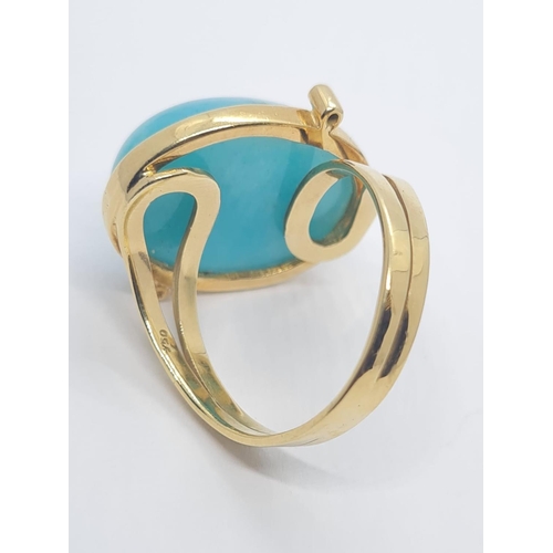 18 - 18ct yellow gold ring with large Amazonite (Peruvian) stone centre (2x2.5cm) and diamonds on sides, ... 