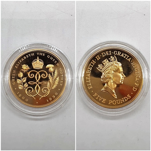 2 - 1900 - 1990 QUEEN MOTHER 90TH BIRTHDAY GOLD PROOF COIN set in 22ct gold, weight 39.94g, in original ... 